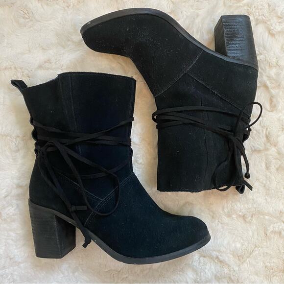 Toms Mila Black Suede Block Heel Lace Up Slouchy Boho Boots Size 8 Womens - Picture 4 of 16